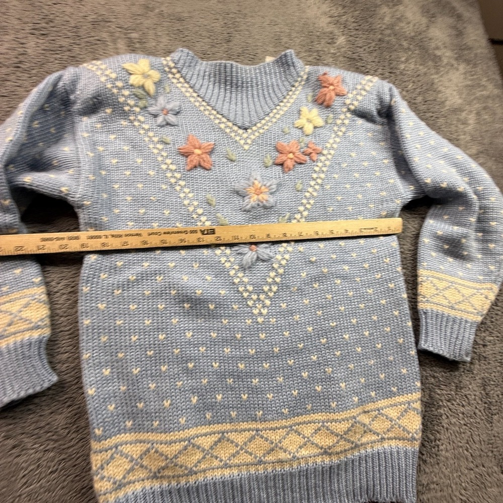 Vintage Melbourne Elements Hand Knit Blue Floral Embroidered Fair Isle Sweater S - Picture 8 of 9